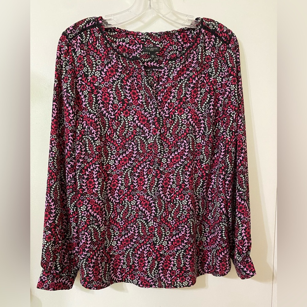 Talbots PM Black & Pink Floral Vines Print L/S Split Neck Popover Blouse